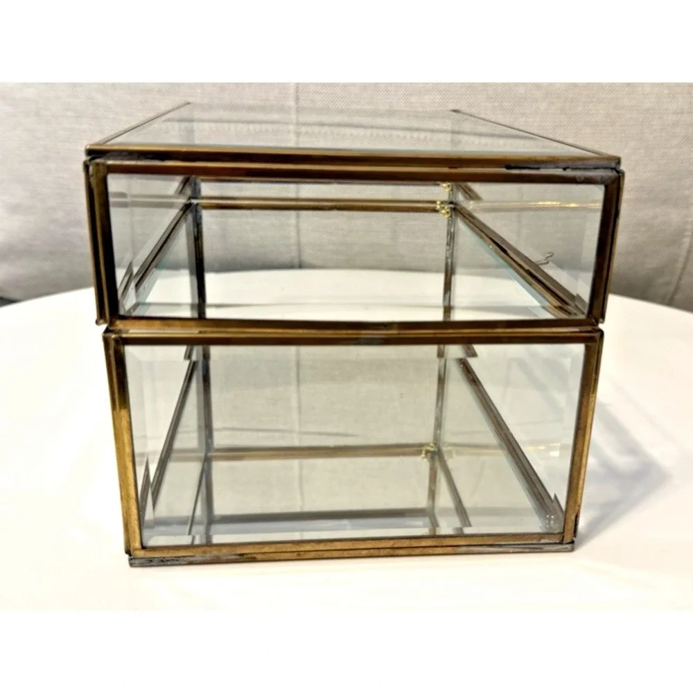 Vintage Enesco Glass Brass Large Curio Trinket Jewelry Box Display